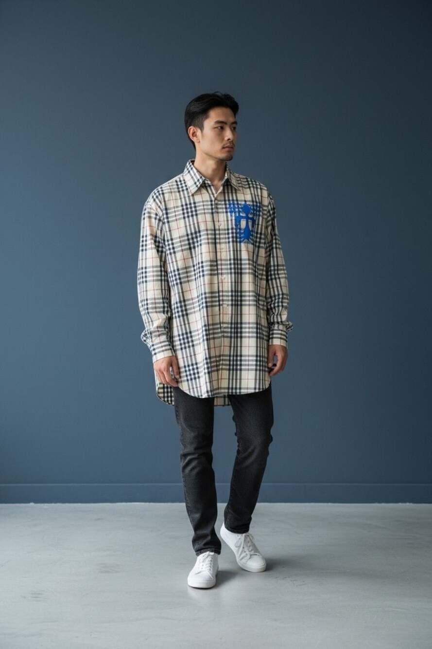 Advanture Men's Plaid Long Sleeve Button-Up Shirt with Blue Cross Graphic